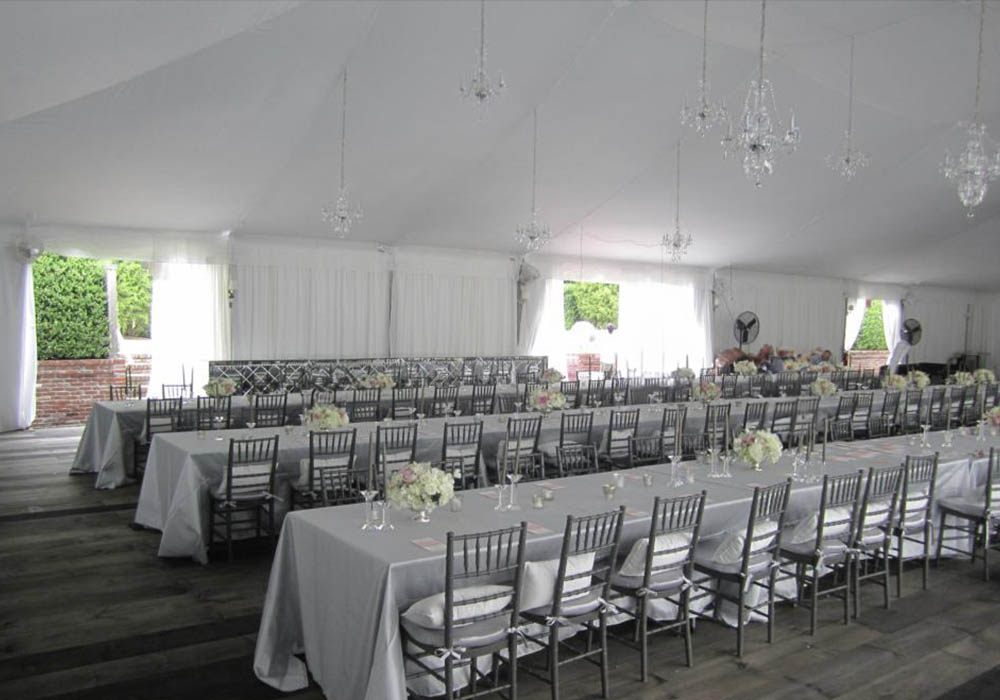 tent liner, tables and chairs